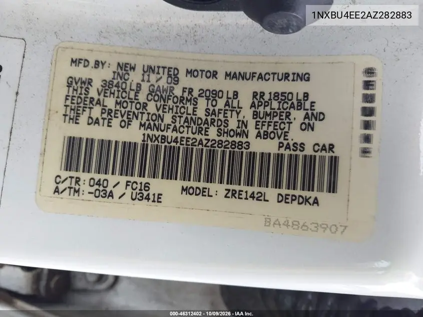 2010 TOYOTA COROLLA VIN 1NXBU4EE2AZ282883 — фото 9