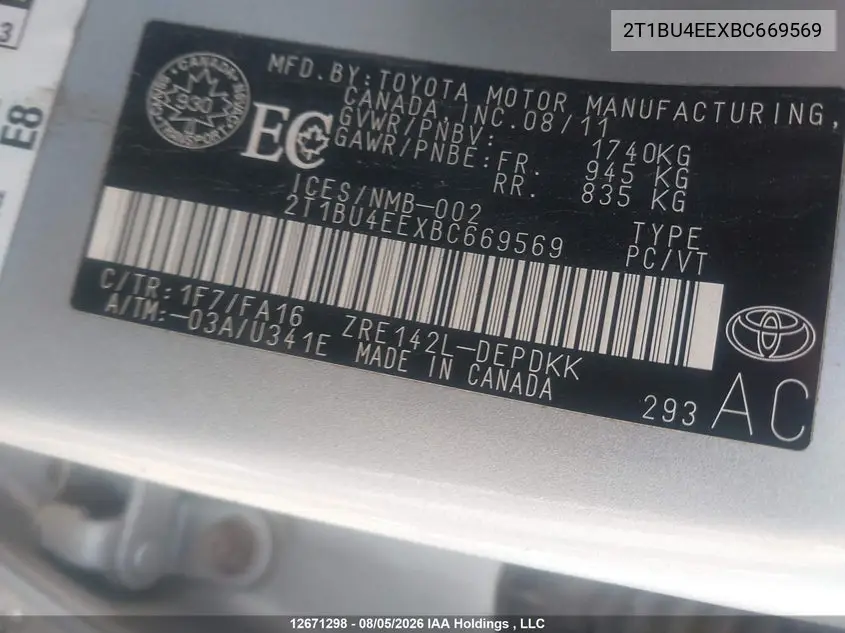 2011 TOYOTA COROLLA VIN 2T1BU4EEXBC669569 — фото 18