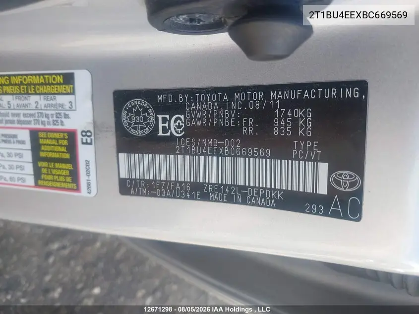 2011 TOYOTA COROLLA VIN 2T1BU4EEXBC669569 — фото 20