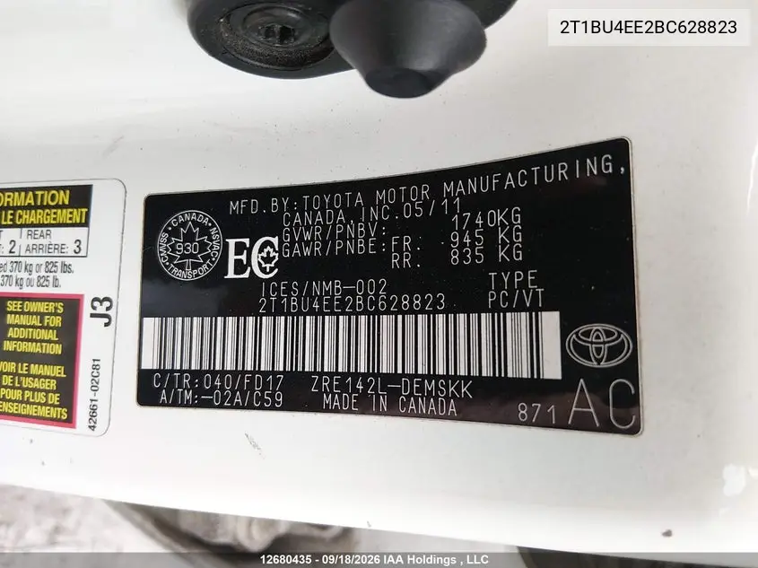 2011 TOYOTA COROLLA VIN 2T1BU4EE2BC628823 — фото 9