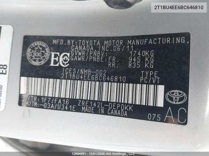 2011 TOYOTA COROLLA VIN 2T1BU4EE6BC646810 — фото 9