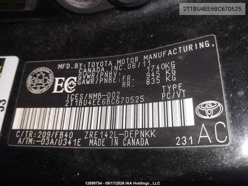 2011 TOYOTA COROLLA VIN 2T1BU4EE6BC670525 — фото 19