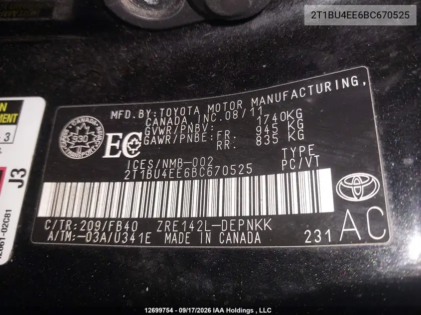 2011 TOYOTA COROLLA VIN 2T1BU4EE6BC670525 — фото 9