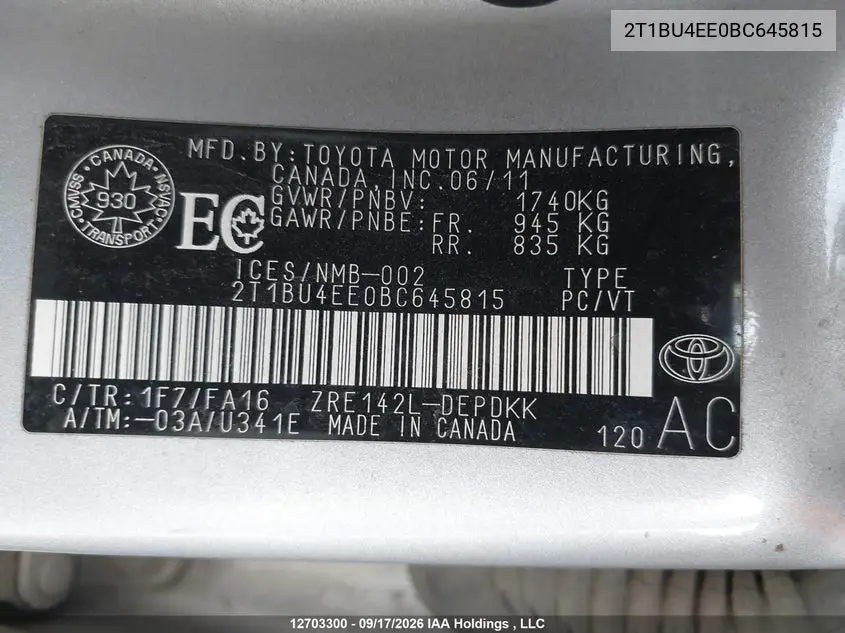 2011 TOYOTA COROLLA VIN 2T1BU4EE0BC645815 — фото 18