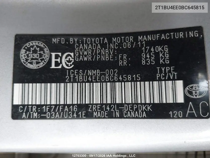 2011 TOYOTA COROLLA VIN 2T1BU4EE0BC645815 — фото 9