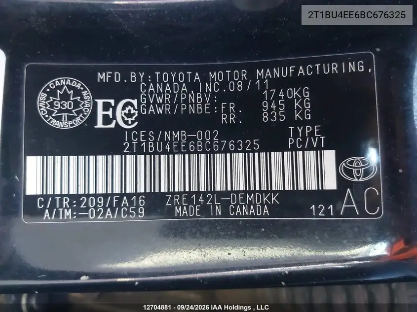 2011 TOYOTA COROLLA VIN 2T1BU4EE6BC676325 — фото 18