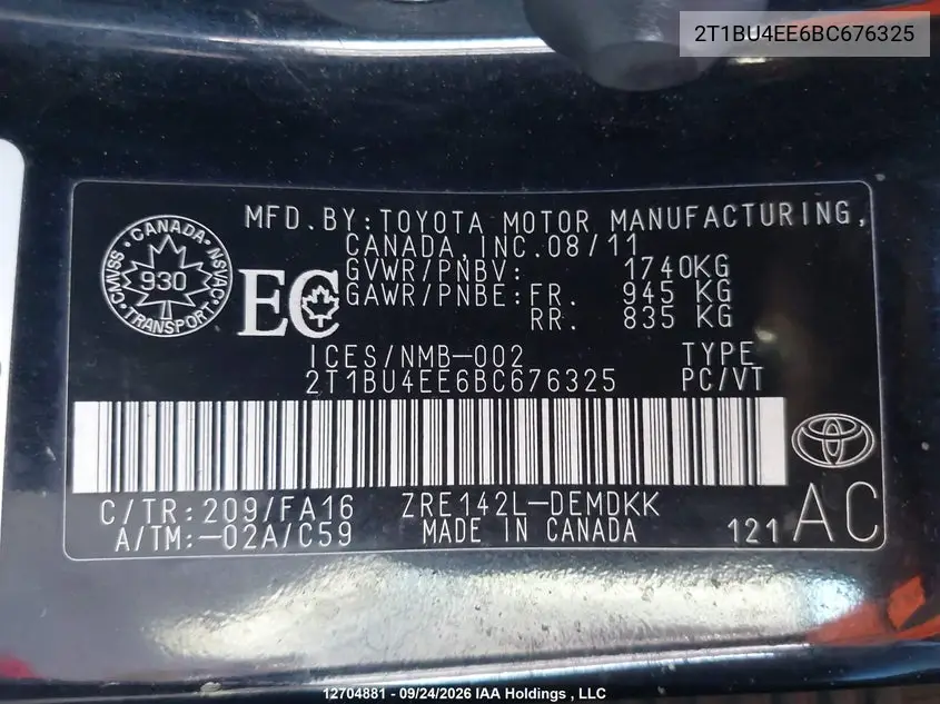 2011 TOYOTA COROLLA VIN 2T1BU4EE6BC676325 — фото 9