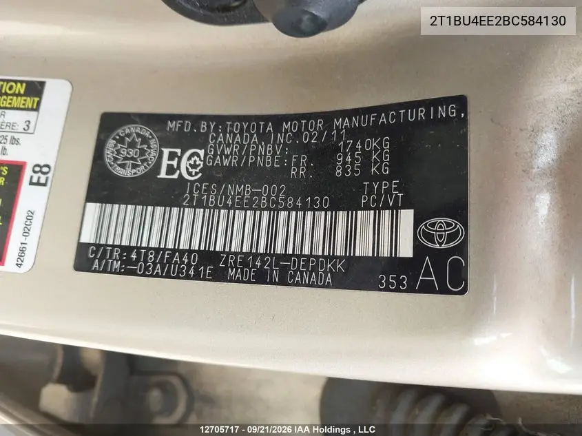 2011 TOYOTA COROLLA VIN 2T1BU4EE2BC584130 — фото 9