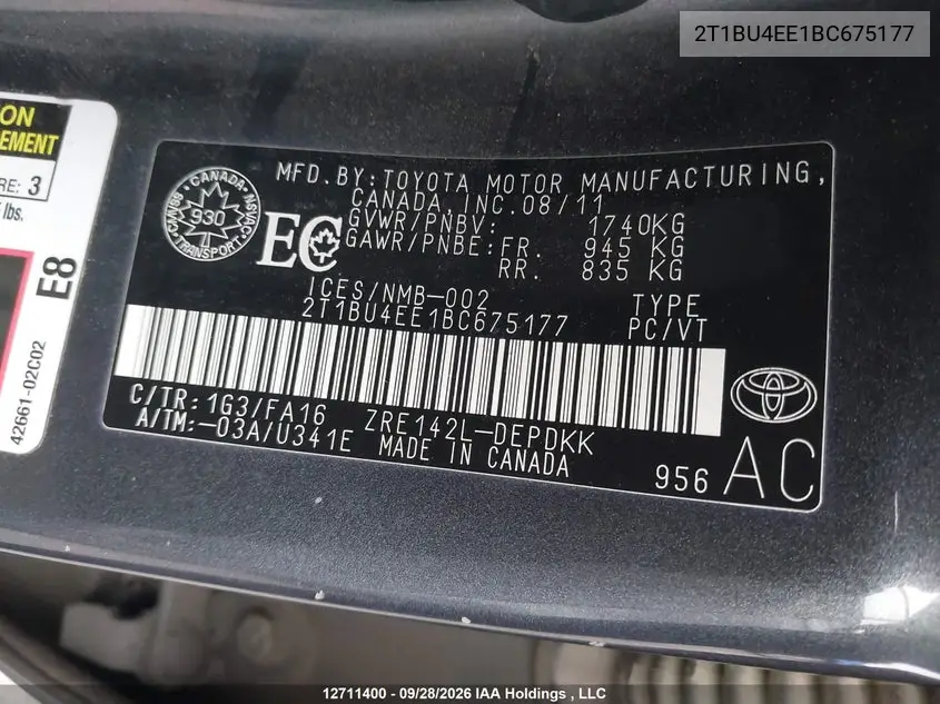 2011 TOYOTA COROLLA VIN 2T1BU4EE1BC675177 — фото 18