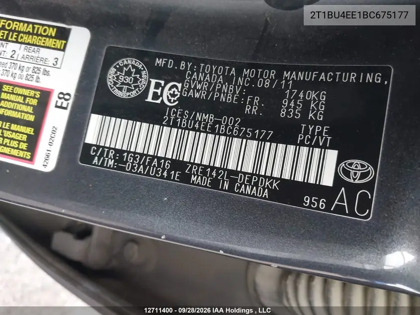 2011 TOYOTA COROLLA VIN 2T1BU4EE1BC675177 — фото 9