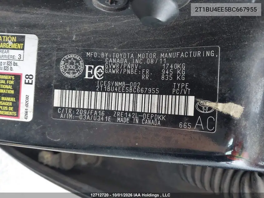 2011 TOYOTA COROLLA VIN 2T1BU4EE5BC667955 — фото 18