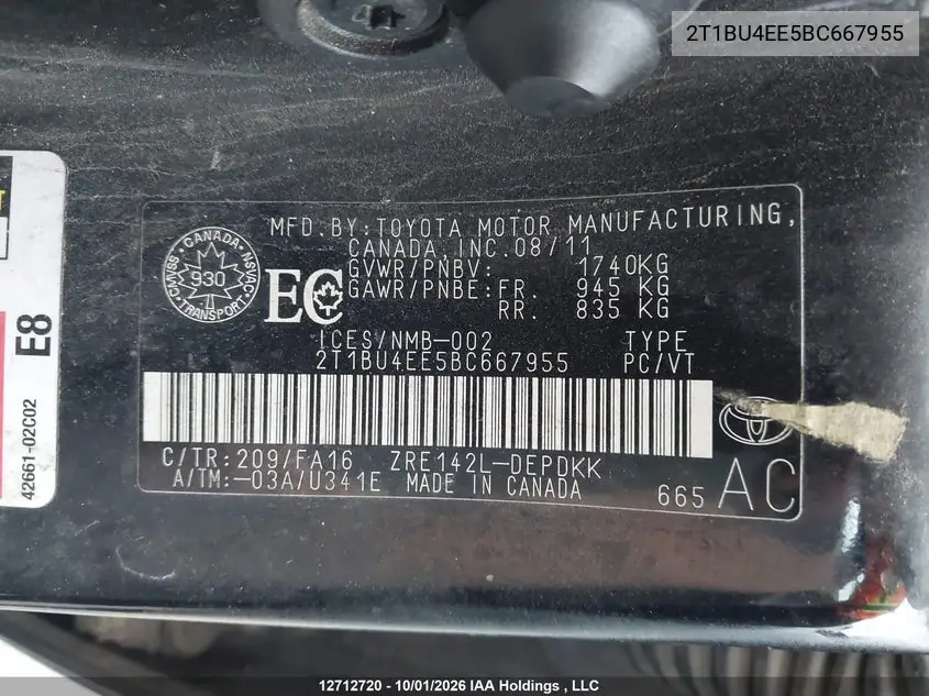 2011 TOYOTA COROLLA VIN 2T1BU4EE5BC667955 — фото 9