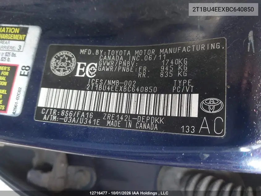 2011 TOYOTA COROLLA VIN 2T1BU4EEXBC640850 — фото 9