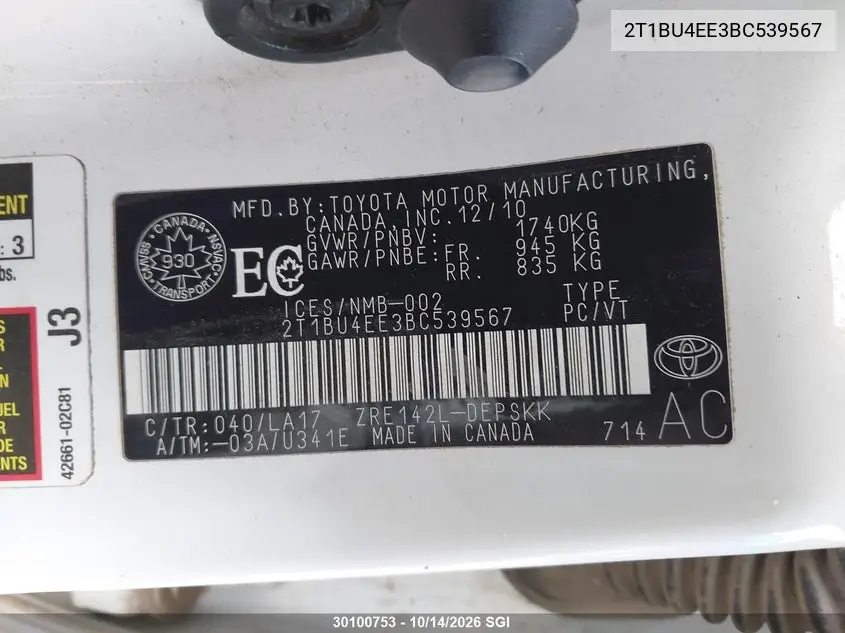 2011 TOYOTA COROLLA VIN 2T1BU4EE3BC539567 — фото 9