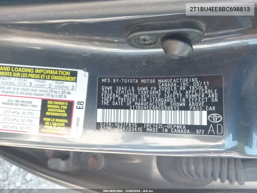 2011 TOYOTA COROLLA VIN 2T1BU4EE8BC698813 — фото 9
