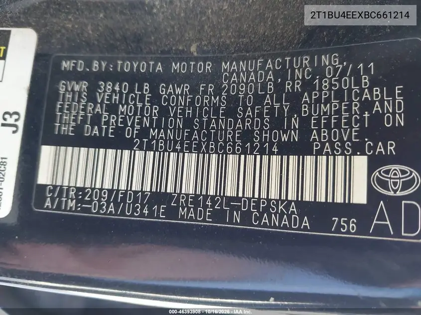 2011 TOYOTA COROLLA VIN 2T1BU4EEXBC661214 — фото 9