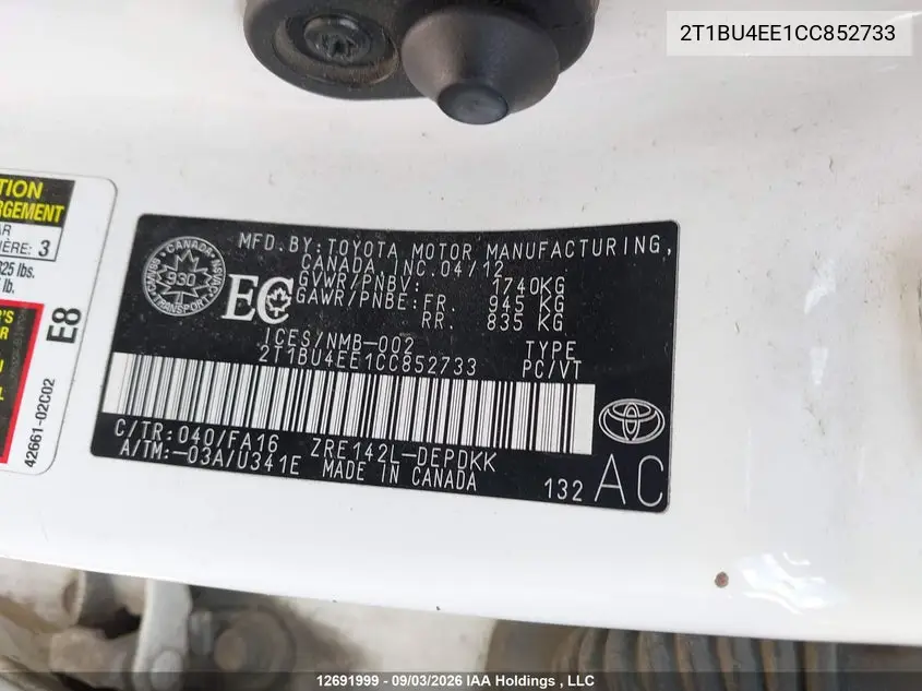 2012 TOYOTA COROLLA VIN 2T1BU4EE1CC852733 — фото 9