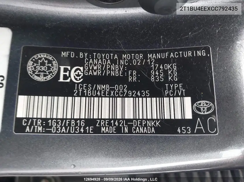 2012 TOYOTA COROLLA VIN 2T1BU4EEXCC792435 — фото 20