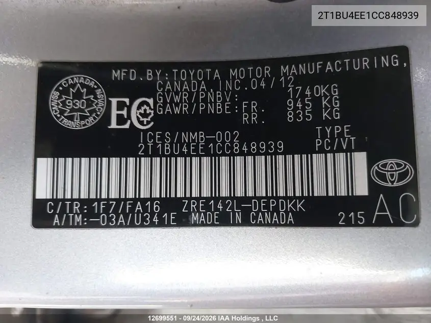 2012 TOYOTA COROLLA VIN 2T1BU4EE1CC848939 — фото 18