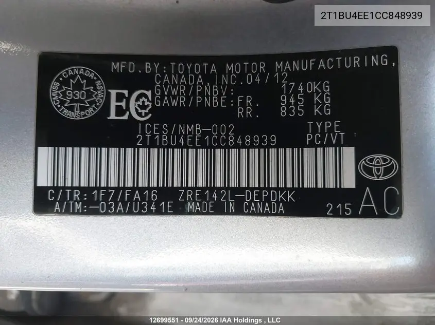 2012 TOYOTA COROLLA VIN 2T1BU4EE1CC848939 — фото 9