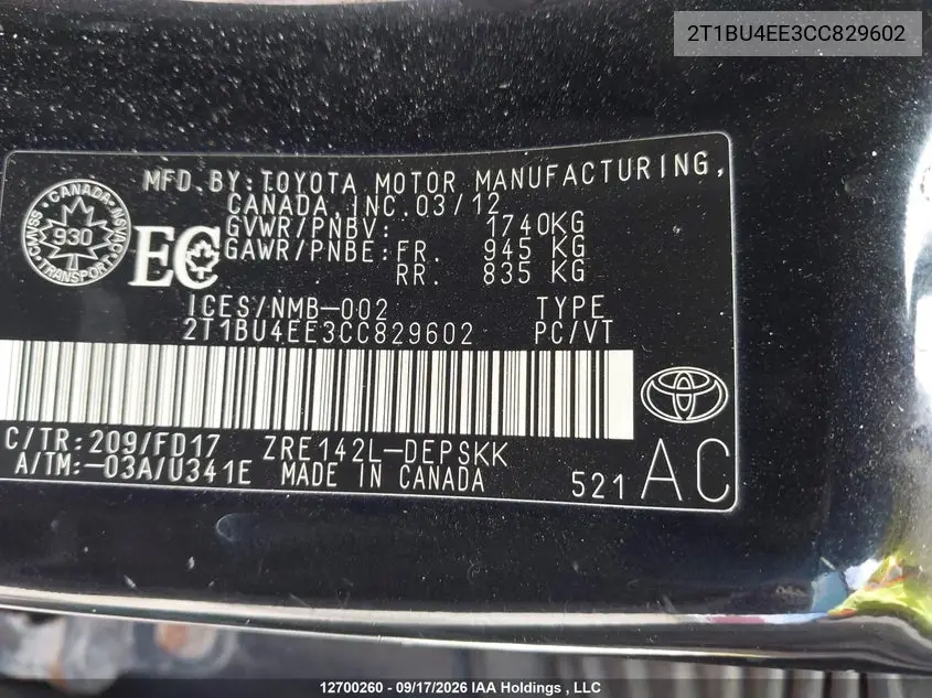 2012 TOYOTA COROLLA VIN 2T1BU4EE3CC829602 — фото 9