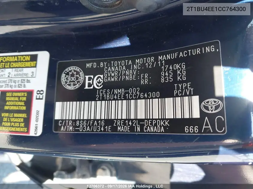 2012 TOYOTA COROLLA VIN 2T1BU4EE1CC764300 — фото 19