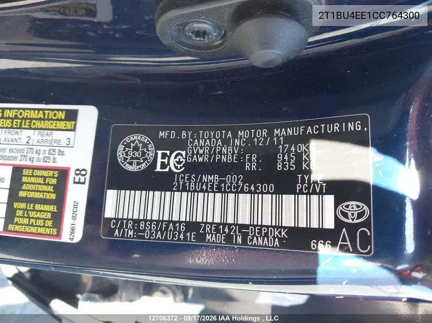 2012 TOYOTA COROLLA VIN 2T1BU4EE1CC764300 — фото 9