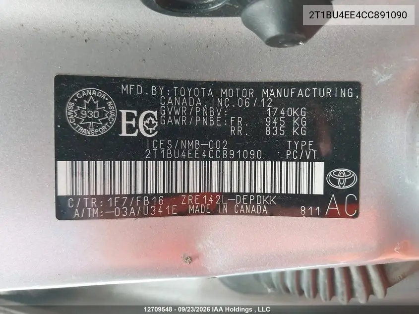 2012 TOYOTA COROLLA VIN 2T1BU4EE4CC891090 — фото 19