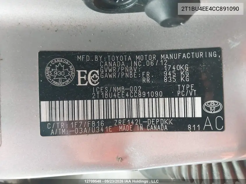 2012 TOYOTA COROLLA VIN 2T1BU4EE4CC891090 — фото 9