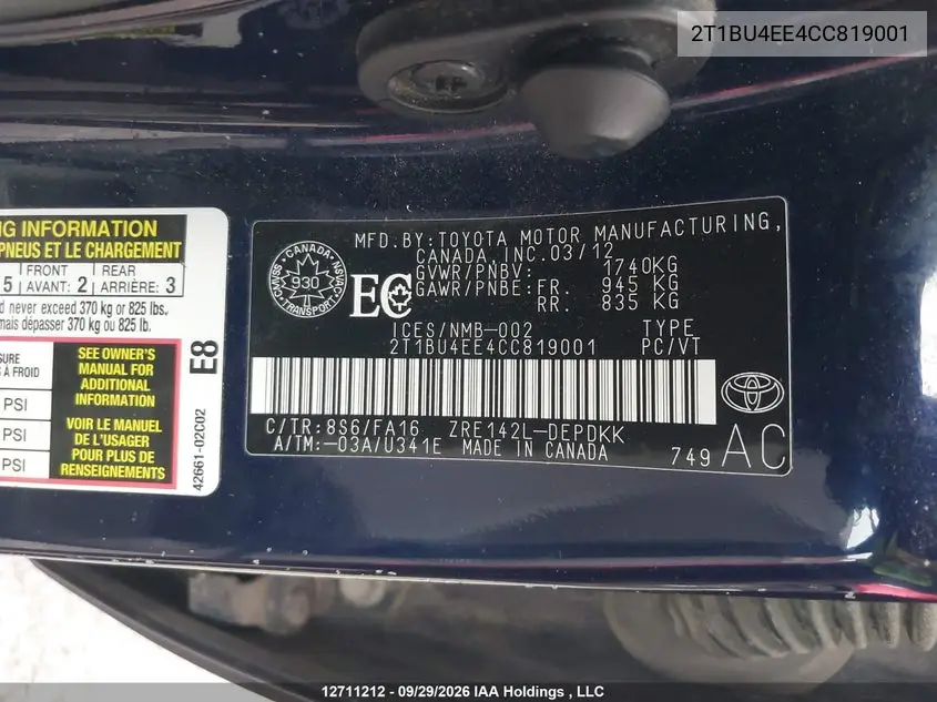 2012 TOYOTA COROLLA VIN 2T1BU4EE4CC819001 — фото 18