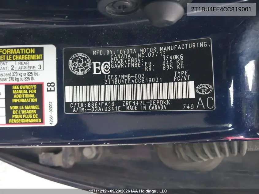 2012 TOYOTA COROLLA VIN 2T1BU4EE4CC819001 — фото 9
