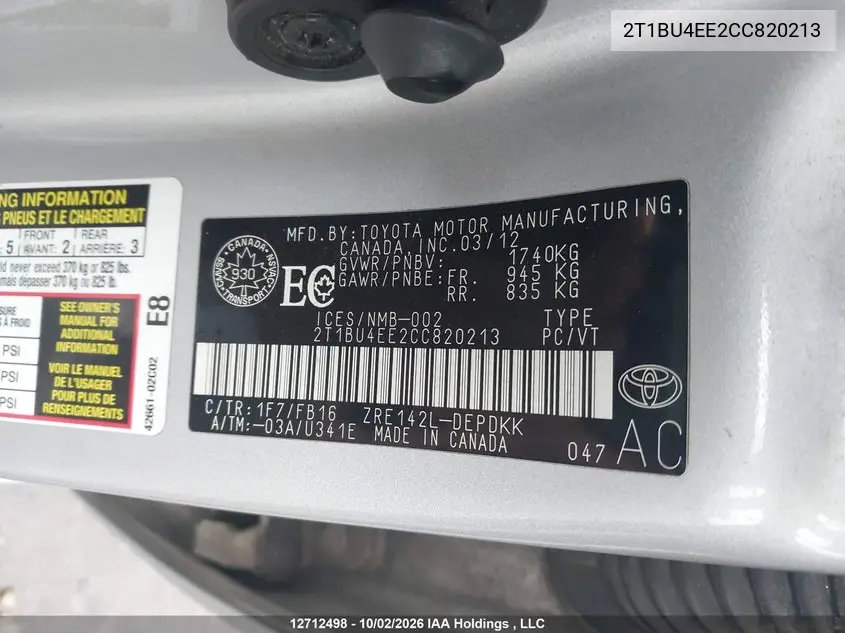 2012 TOYOTA COROLLA VIN 2T1BU4EE2CC820213 — фото 9