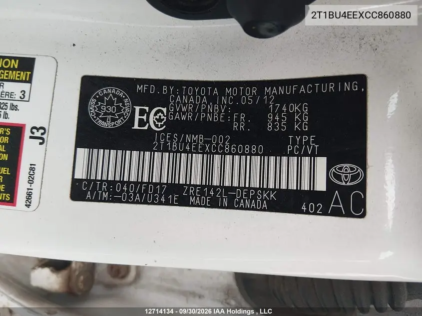 2012 TOYOTA COROLLA VIN 2T1BU4EEXCC860880 — фото 9