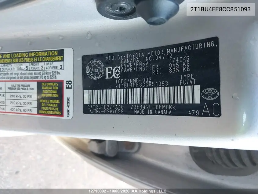2012 TOYOTA COROLLA VIN 2T1BU4EE8CC851093 — фото 20