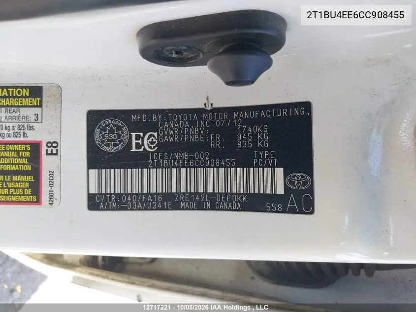 2012 TOYOTA COROLLA VIN 2T1BU4EE6CC908455 — фото 18