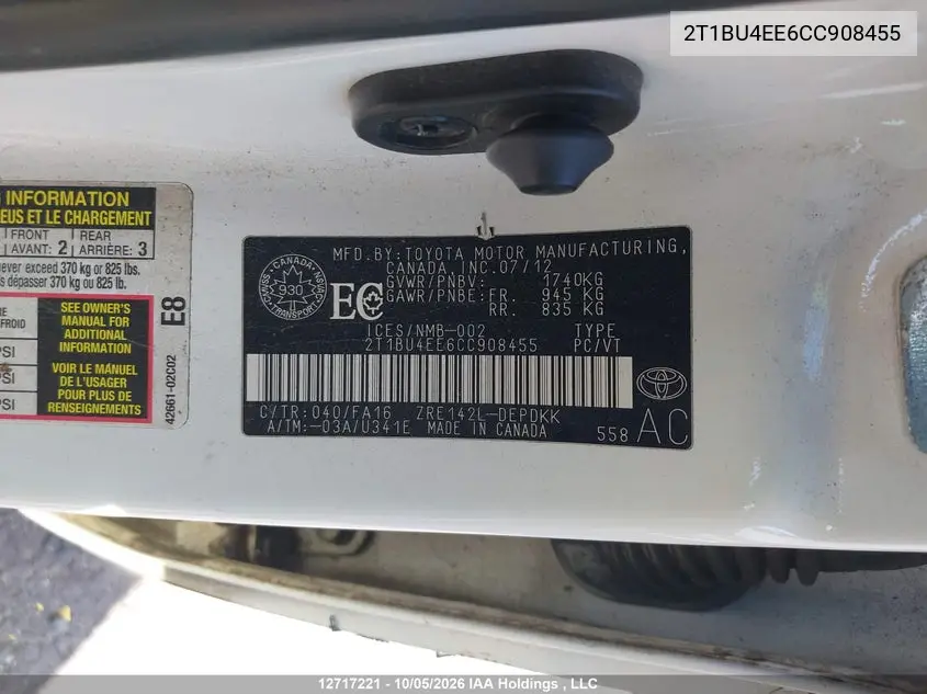 2012 TOYOTA COROLLA VIN 2T1BU4EE6CC908455 — фото 9