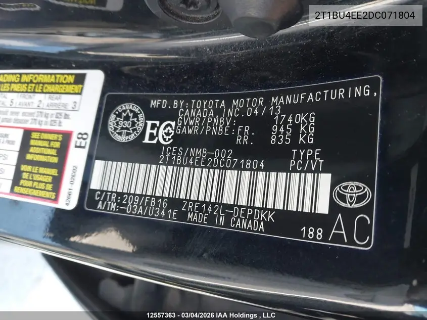 2013 TOYOTA COROLLA VIN 2T1BU4EE2DC071804 — фото 18