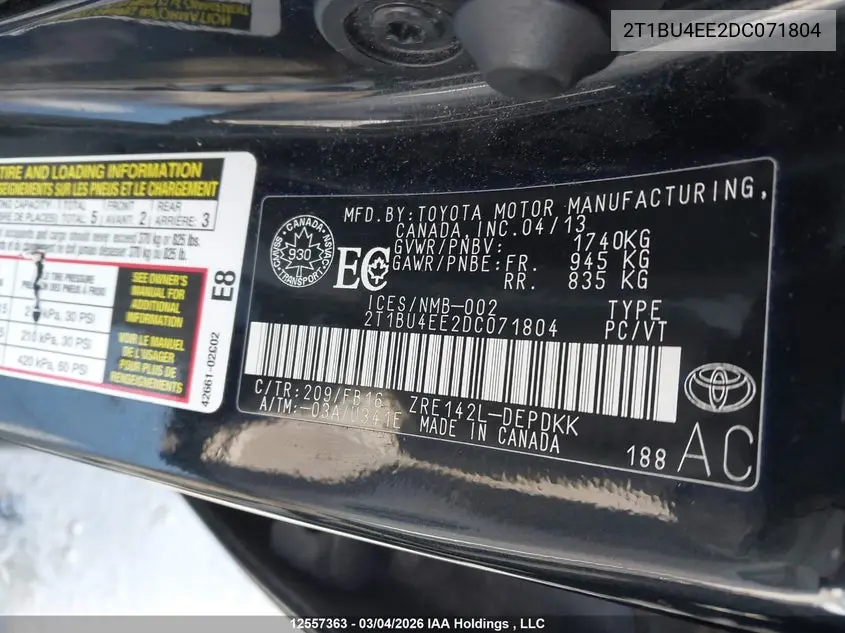 2013 TOYOTA COROLLA VIN 2T1BU4EE2DC071804 — фото 9