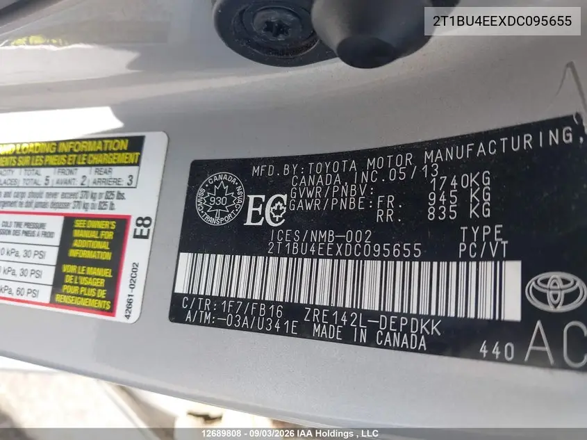 2013 TOYOTA COROLLA VIN 2T1BU4EEXDC095655 — фото 9