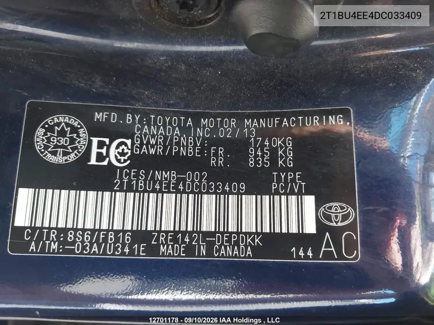 2013 TOYOTA COROLLA VIN 2T1BU4EE4DC033409 — фото 9