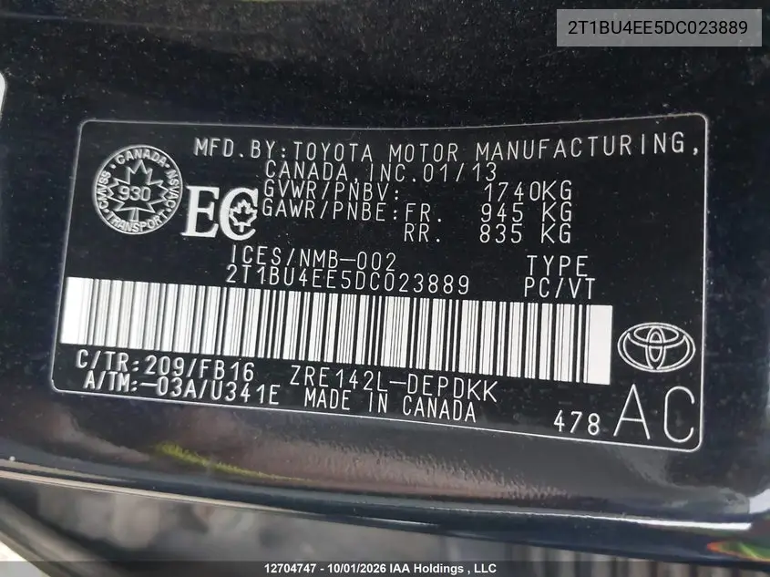 2013 TOYOTA COROLLA VIN 2T1BU4EE5DC023889 — фото 9