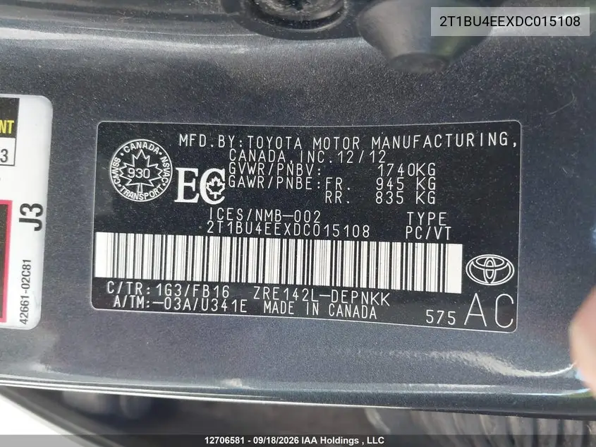 2013 TOYOTA COROLLA VIN 2T1BU4EEXDC015108 — фото 19