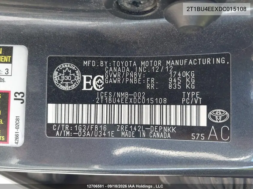 2013 TOYOTA COROLLA VIN 2T1BU4EEXDC015108 — фото 20