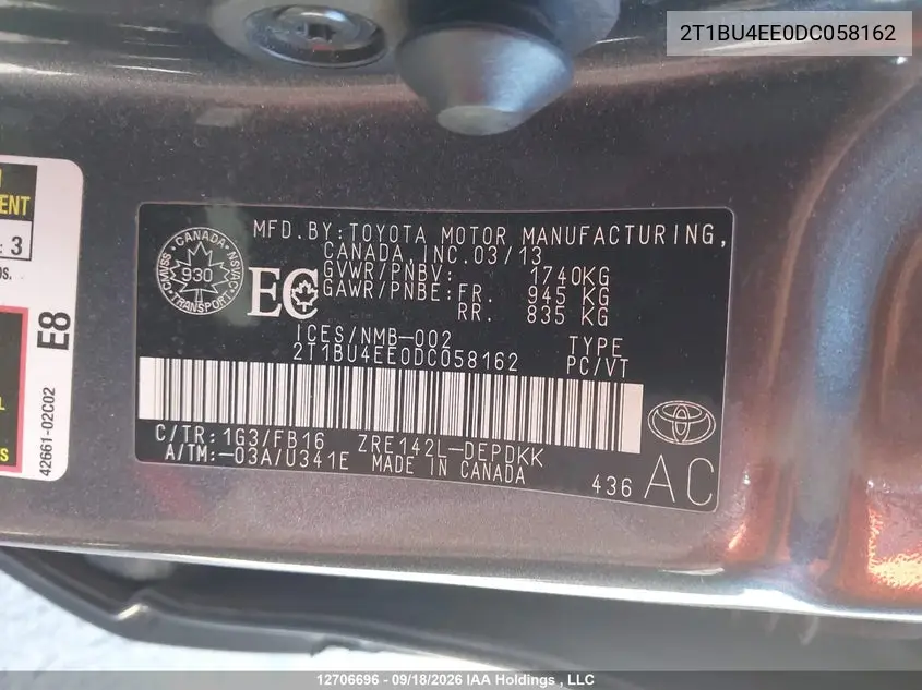2013 TOYOTA COROLLA VIN 2T1BU4EE0DC058162 — фото 18
