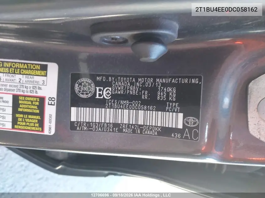 2013 TOYOTA COROLLA VIN 2T1BU4EE0DC058162 — фото 9