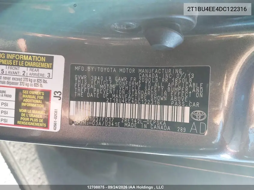 2013 TOYOTA COROLLA VIN 2T1BU4EE4DC122316 — фото 18