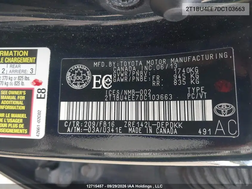 2013 TOYOTA COROLLA VIN 2T1BU4EE7DC103663 — фото 9