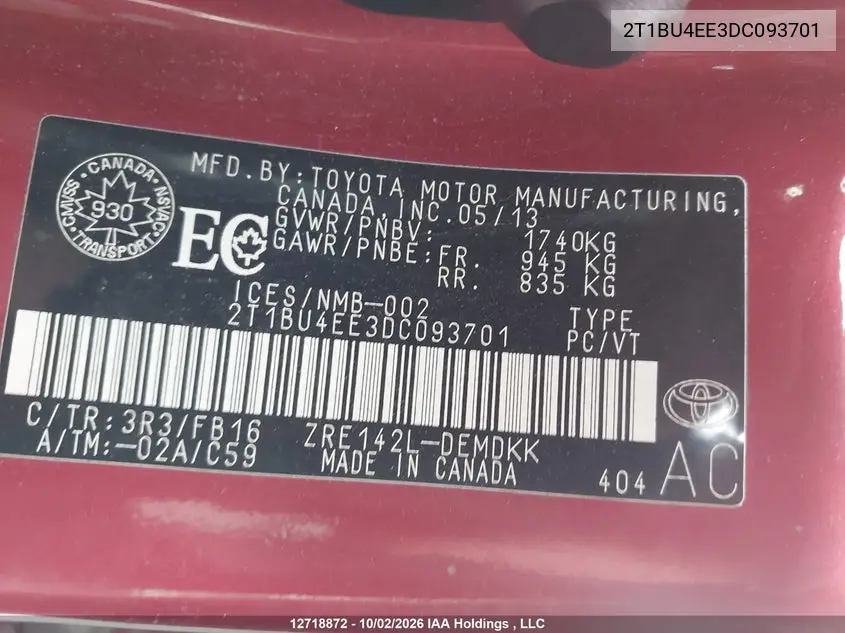 2013 TOYOTA COROLLA VIN 2T1BU4EE3DC093701 — фото 9