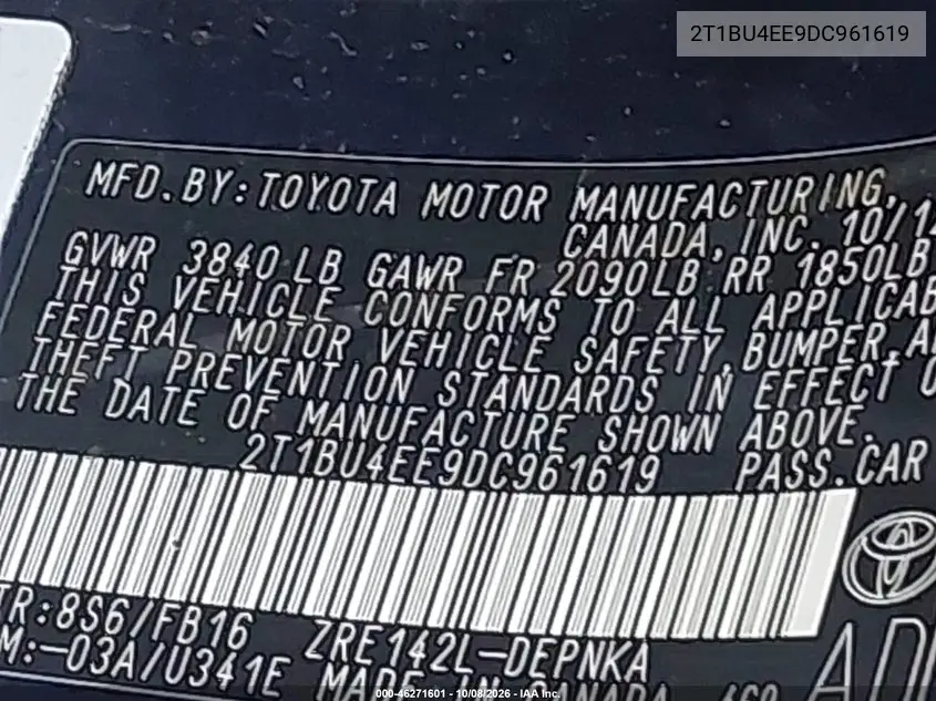 2013 TOYOTA COROLLA VIN 2T1BU4EE9DC961619 — фото 9