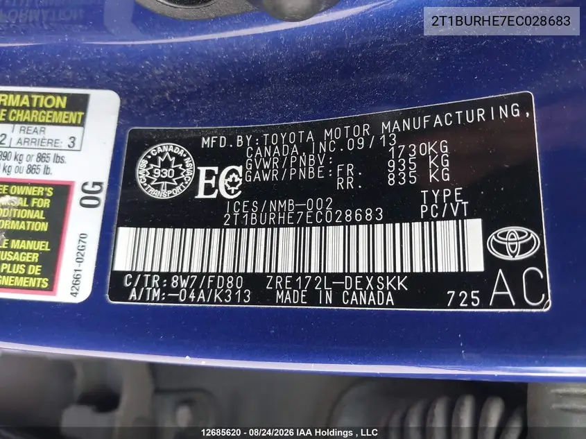 2014 TOYOTA COROLLA VIN 2T1BURHE7EC028683 — фото 9